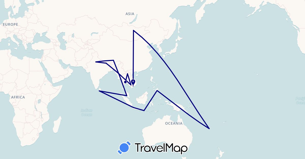 TravelMap itinerary: driving in China, Indonesia, India, Cambodia, Laos, Sri Lanka, Mongolia, Malaysia, New Caledonia, Nepal, Philippines, Thailand, Vietnam (Asia, Oceania)